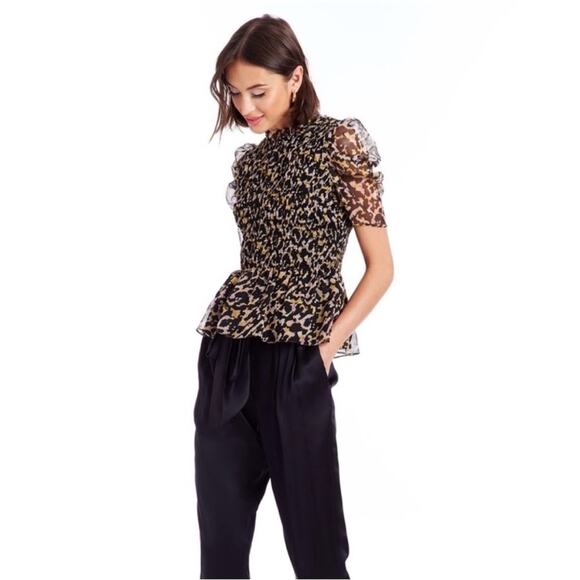 Amanda Uprichard Adrina Leopard Animal Print Smocked Blouse M - Picture 3 of 14